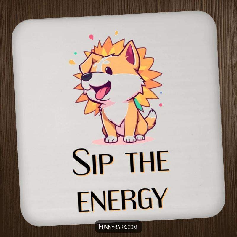 Funny drink coasters showing a dog character whose bark is a colorful burst of vibrant energy, adding charm to tables.