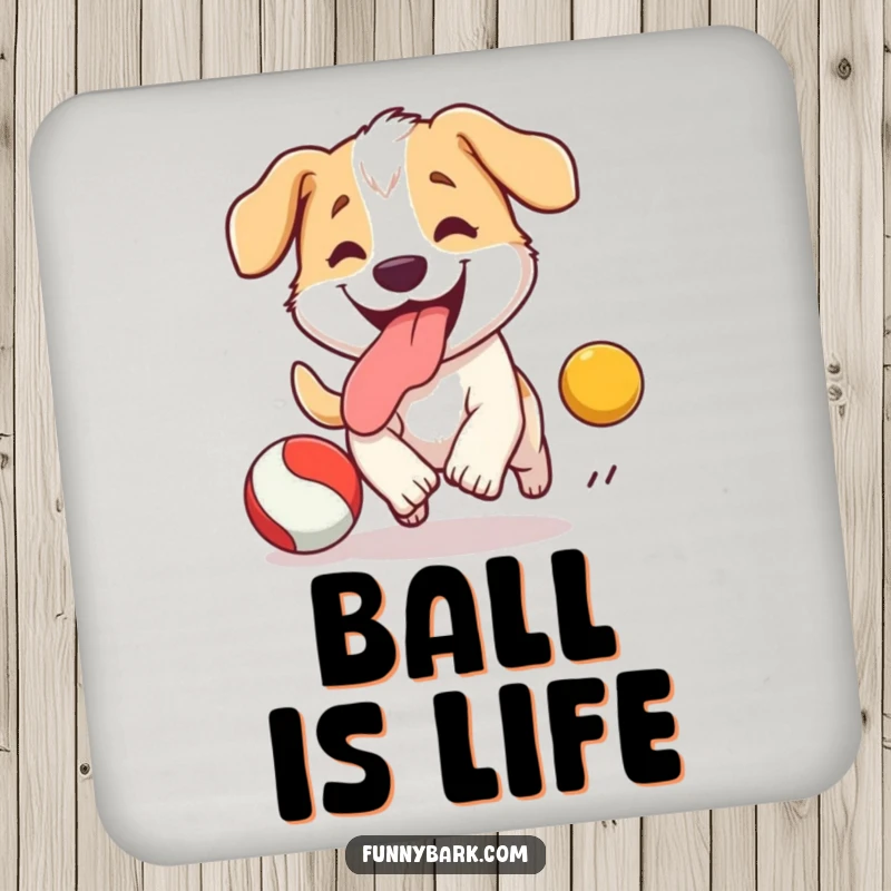 Funny Dog Coaster: A happy dog with its tongue out, focused on a bouncing ball, adding humor to your drinks.