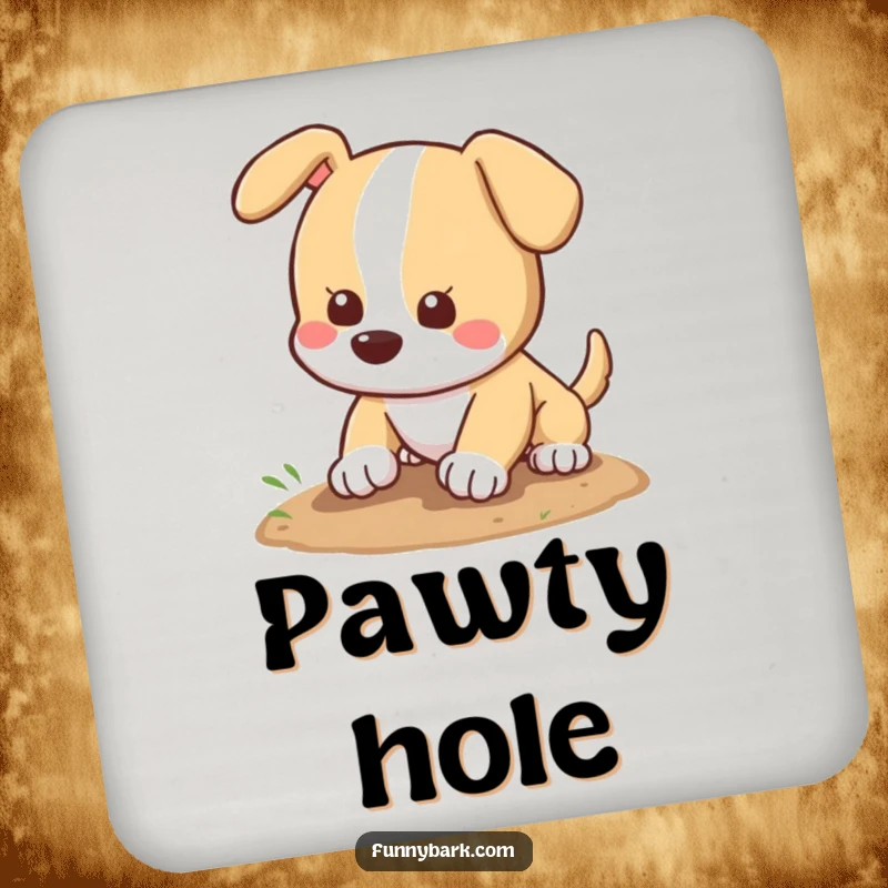 Funny dog coaster illustrated with a happy dog digging a hole, protecting your furniture with a wagging tail.