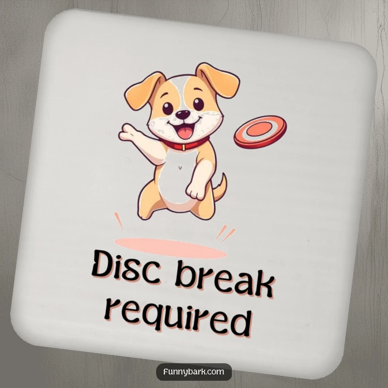 Funny Dog Drink Coaster: A bouncing dog with floppy ears leaps to catch a flying disc, adding energetic humor to protection.