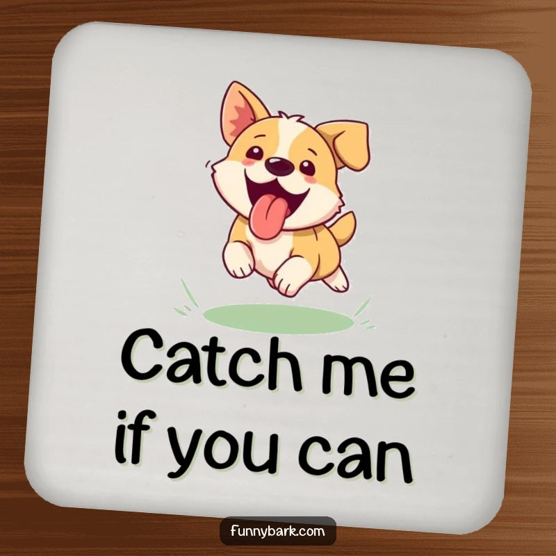 Funny dog coaster, tongue lolling, catching a frisbee, prevents drink rings, humorous home accessory.