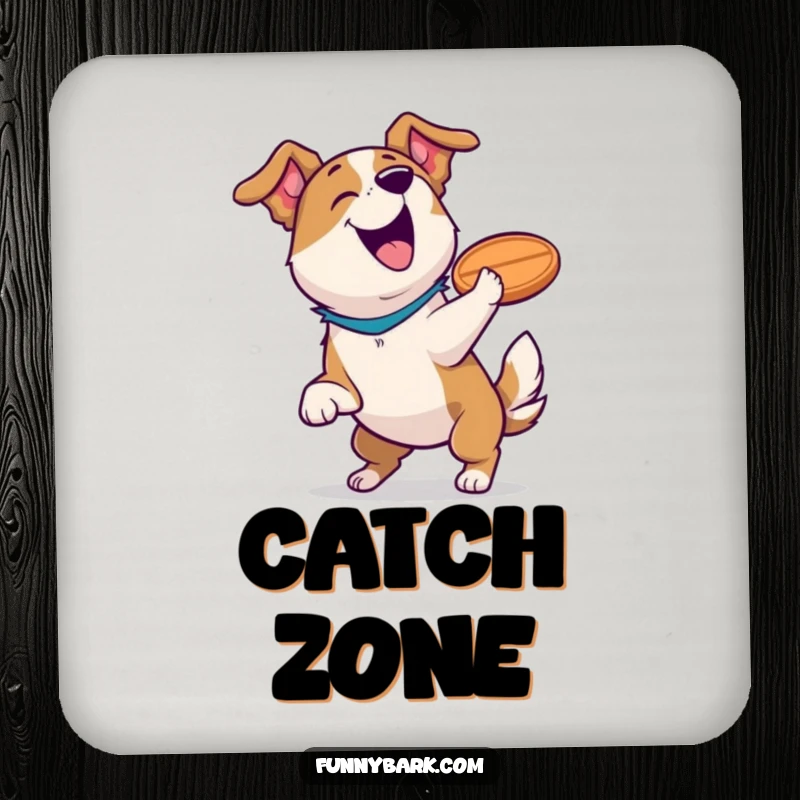 Funny dog coaster depicting a triumphant bark after a frisbee catch, adding humorous protection for surfaces.