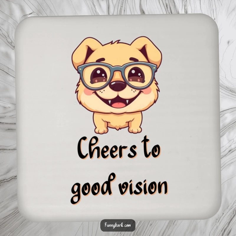 Funny dog coaster, silly grinning face, wearing floppy glasses, protects furniture, humorous and cute art.