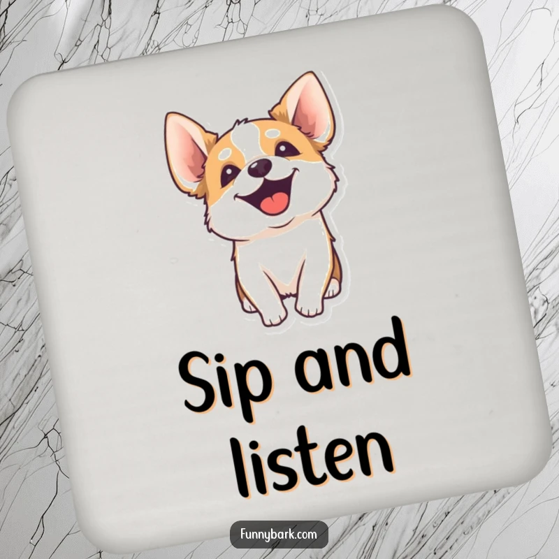 Funny drink coasters depicting a dog's head tilted curiously, energetically yipping, providing protection and a humorous touch to surfaces.