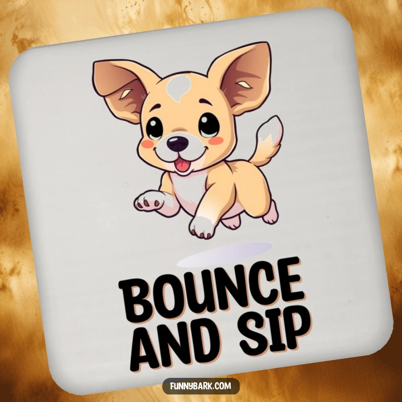 Funny floppy eared dog coaster capturing a playful dog mid-leap with large ears and wagging tail, adding fun.