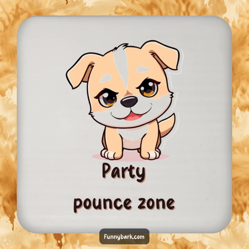Funny Mischief Dog Coaster featuring a dog character with a mischievous glint, playfully pouncing forward.