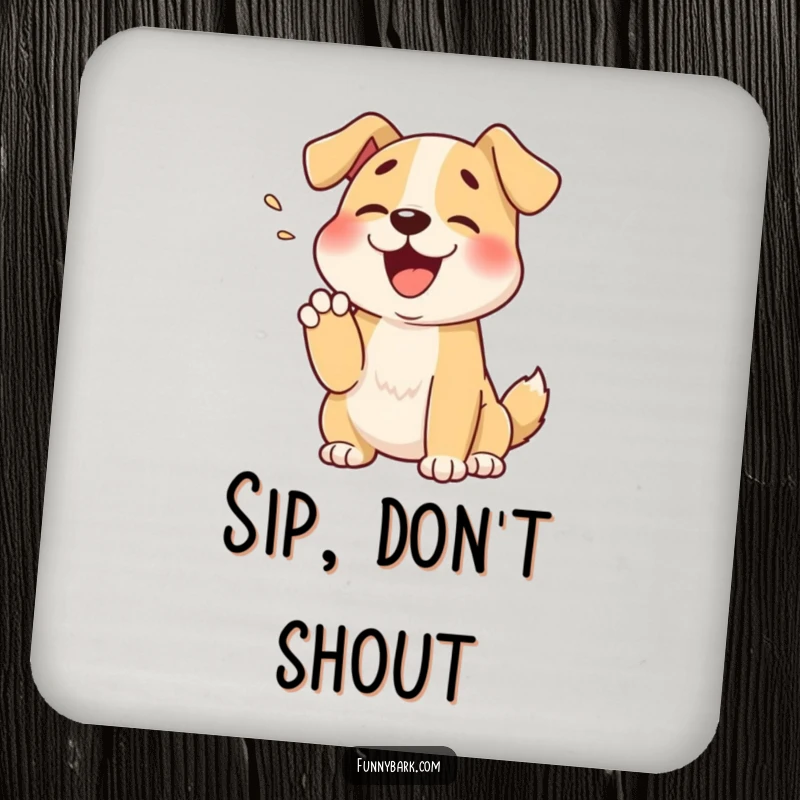 Funny drink coaster featuring a cartoon dog with a muffled bark into its paw, adding cute and humorous charm to surfaces.