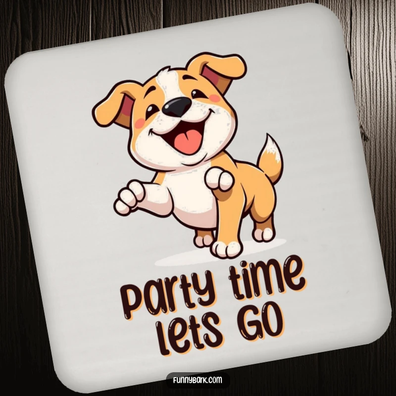 Funny set of coasters featuring a dog character pouncing playfully with a happy bark, perfect for adding humor to any table.