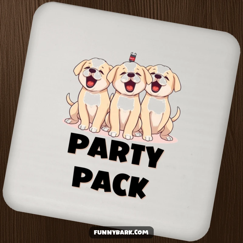 Funny drink coasters depicting a group of puppies barking together, tails wagging furiously, protecting surfaces with collective canine comedy.