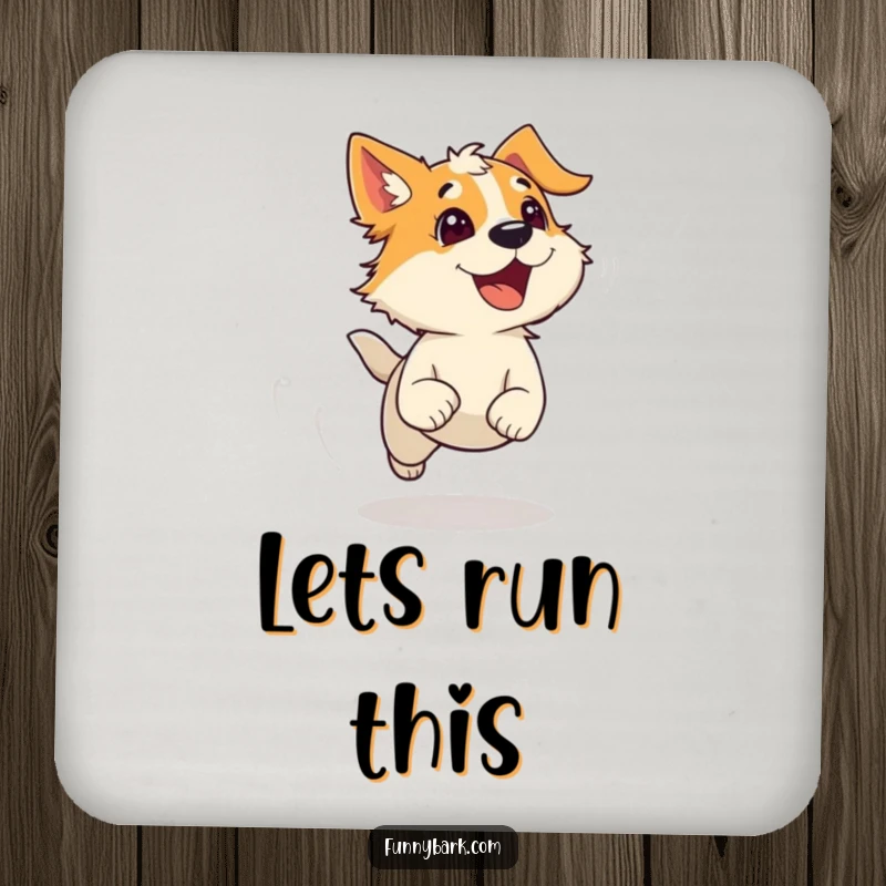Funny set of coasters featuring a dog running with wind-blown fur and an escaping bark, perfect for adding humor to any surface.