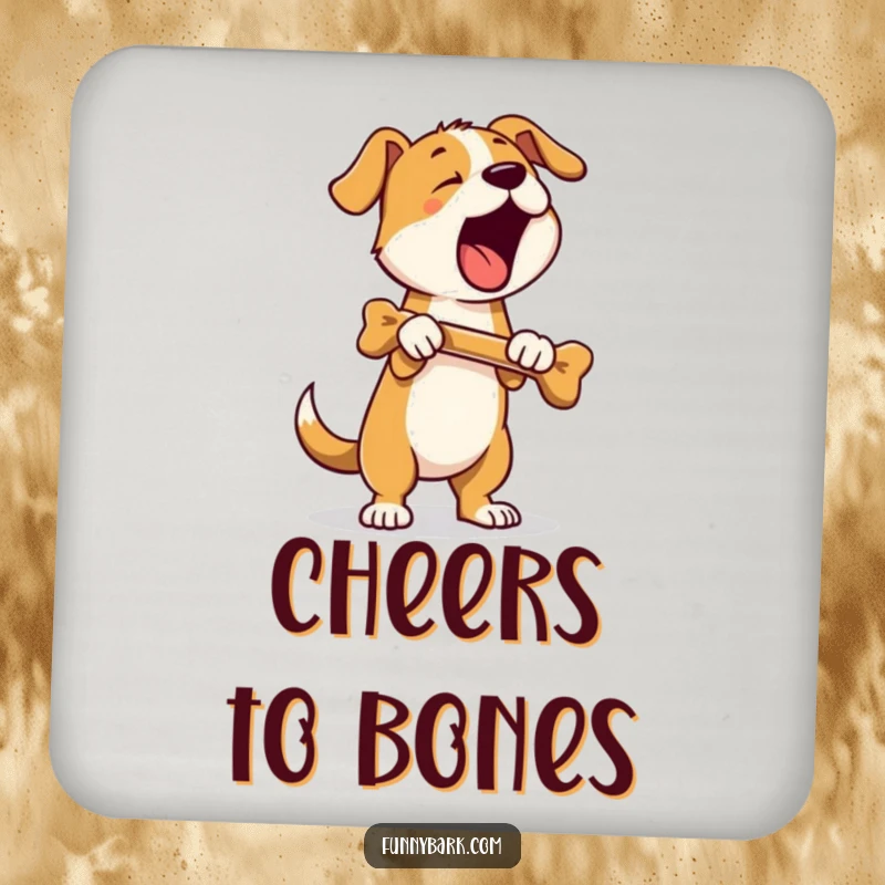 Funny set of coasters featuring a dog standing on hind legs, holding a bone, and barking loudly, perfect for adding humorous victory.