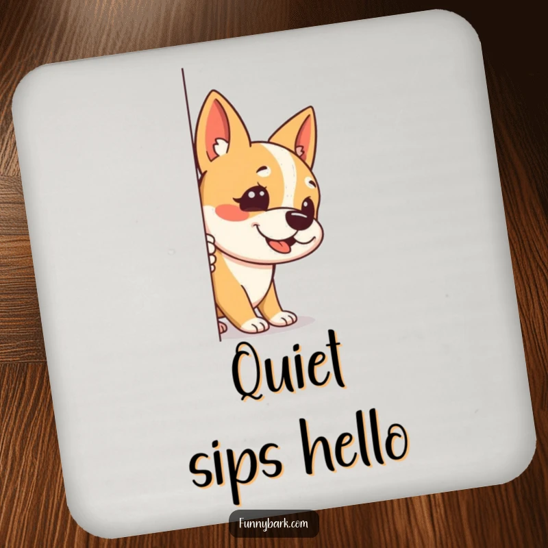 Funny set of coasters featuring a dog peeking around a corner, one ear up, with a stealthy bark, perfect for adding humor.