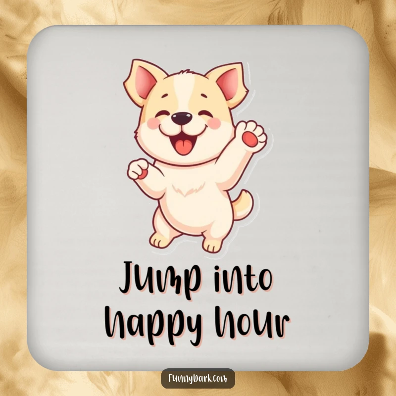 Funny drink coaster: A playful dog captured mid-jump with a paw raised, adding energetic humor to your surfaces, a funny gift.