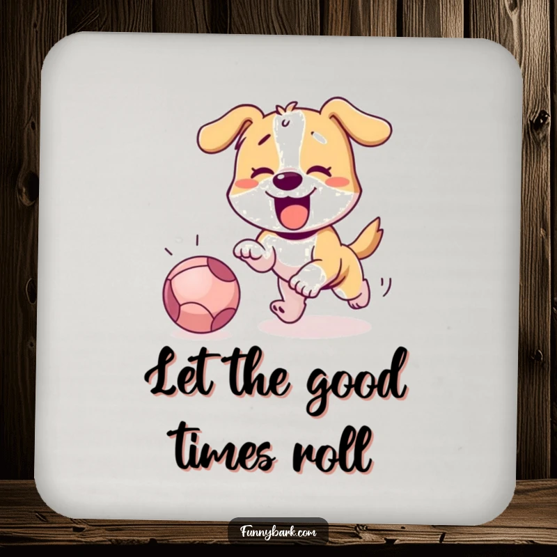 Funny dog captured mid-pounce, chasing a rolling ball, on a protective drink coaster.