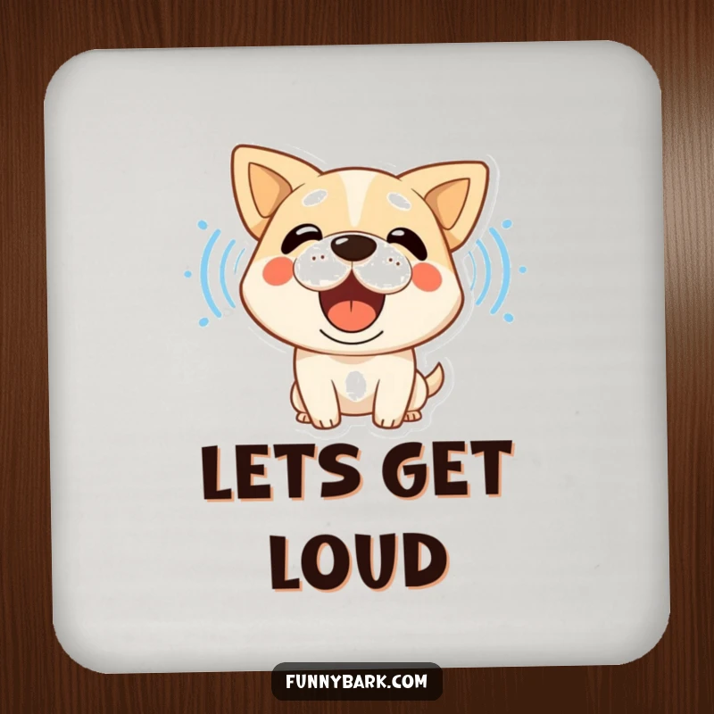 Funny drink coaster, a stylized dog character barking, its sound waves visible, protecting surfaces with comedic flair.