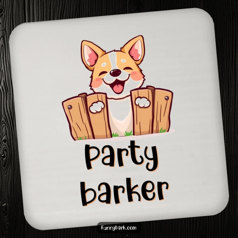 Funny Barking Dog Coaster: A dog energetically peeking from behind a fence, barking with humor to protect your surfaces.