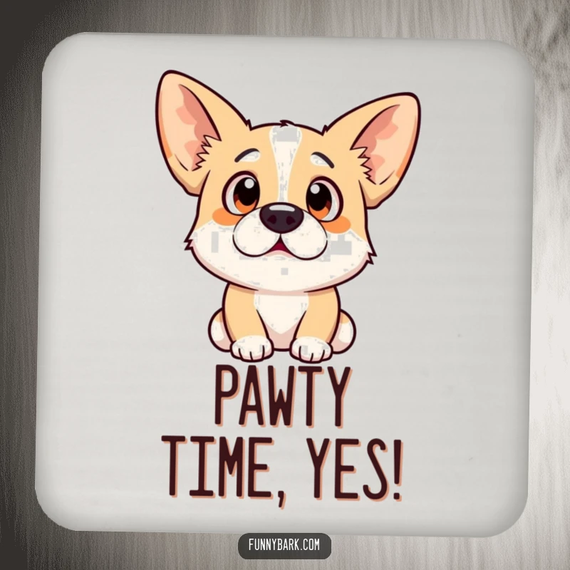Funny dog drink coaster featuring a surprised expression with ears perked high, protecting surfaces with comical pet charm.