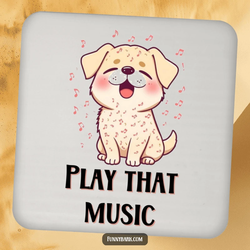 Funny drink coaster featuring a dog singing with eyes closed, surrounded by musical notes, for music enthusiasts.