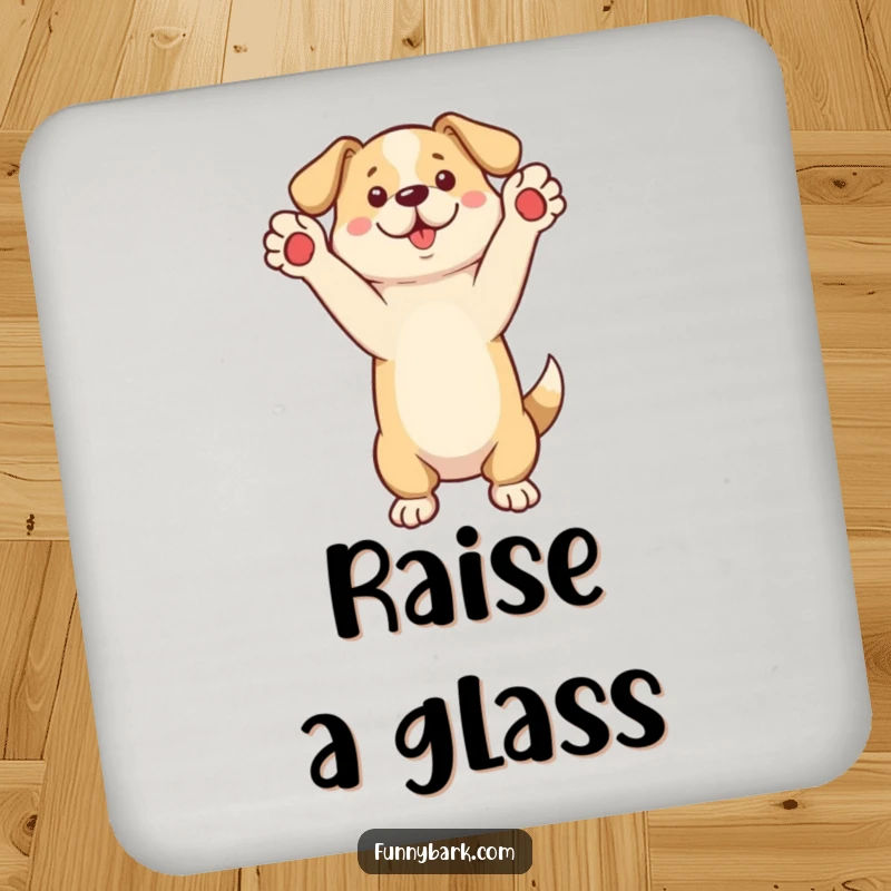 Funny Coaster Set featuring a dog standing on its hind legs, paws raised, as if calling out.