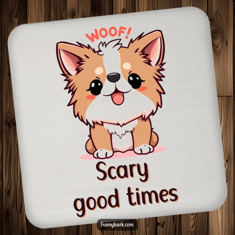 Funny Dog Coaster, showing a dog with fur on end, exclaiming a cartoonish WOOF!, adding a touch of humorous surprise to your drinks.