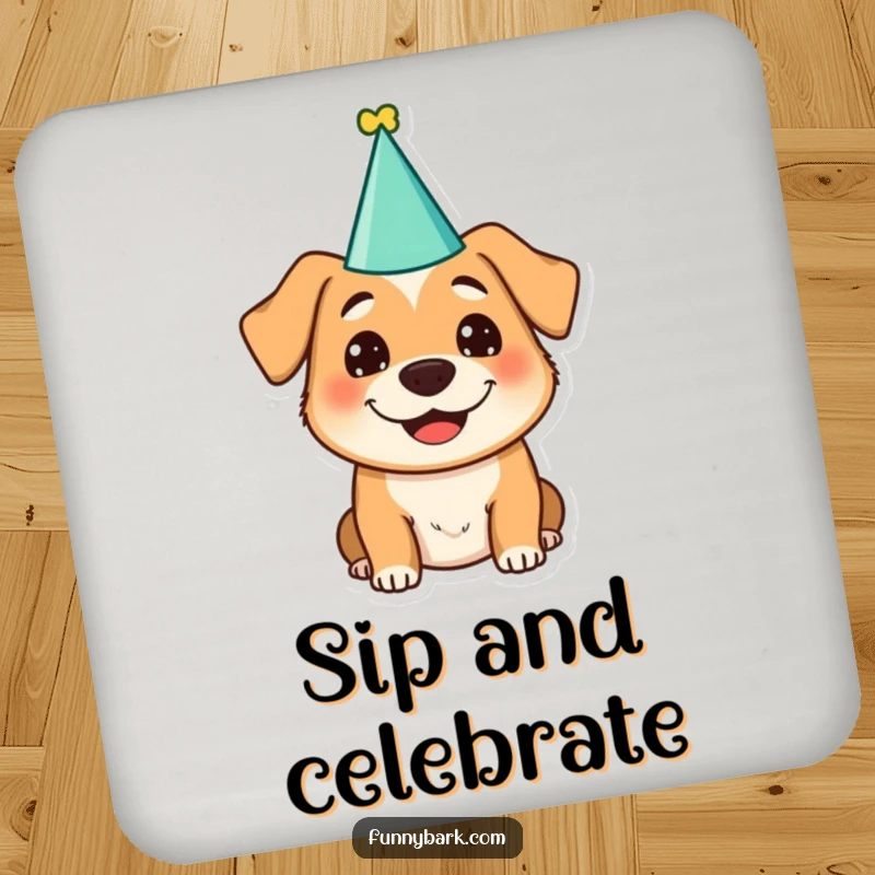 Funny dog character in a party hat with a silly grin on drink coasters, adding festive humor to table settings.