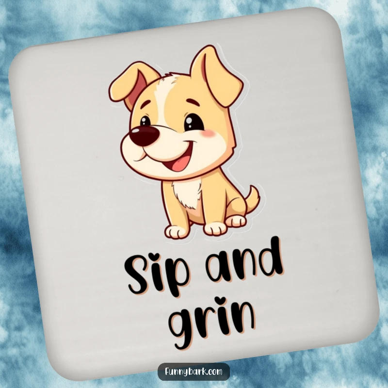 Funny drink coasters featuring a dog character with a playful grin and tilted head, mid-bark, adding a dose of charming canine humor.