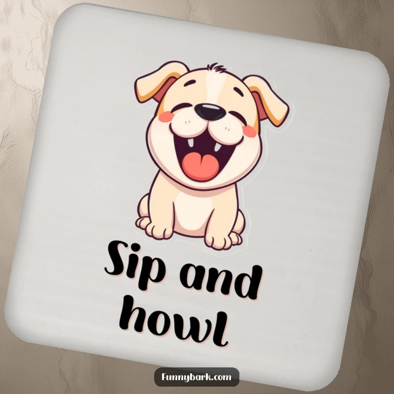 Funny cartoon dog coaster featuring a dog’s mouth wide open in a happy, excited bark, protecting your surfaces.