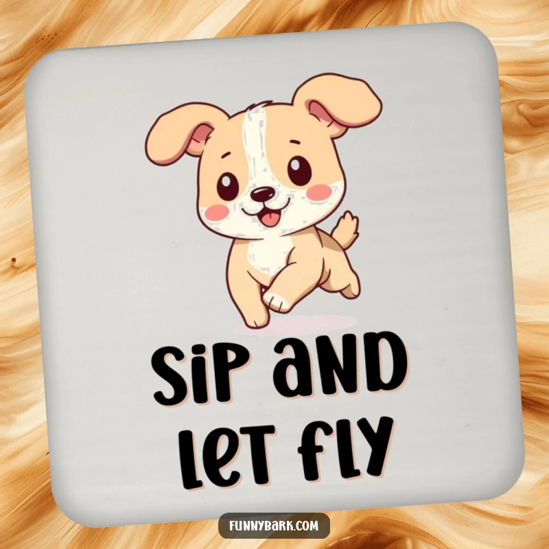 Funny dog coaster, ears flapping in the wind while running, happy expression, protects furniture from rings.