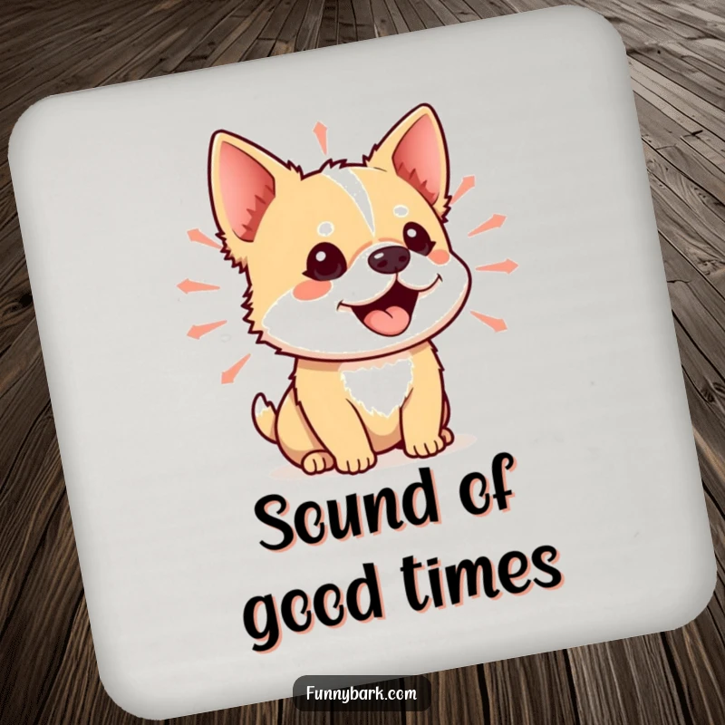 Funny drink coasters depicting a small dog with its mouth open, surrounded by vibrant sound waves, protecting surfaces with humor.