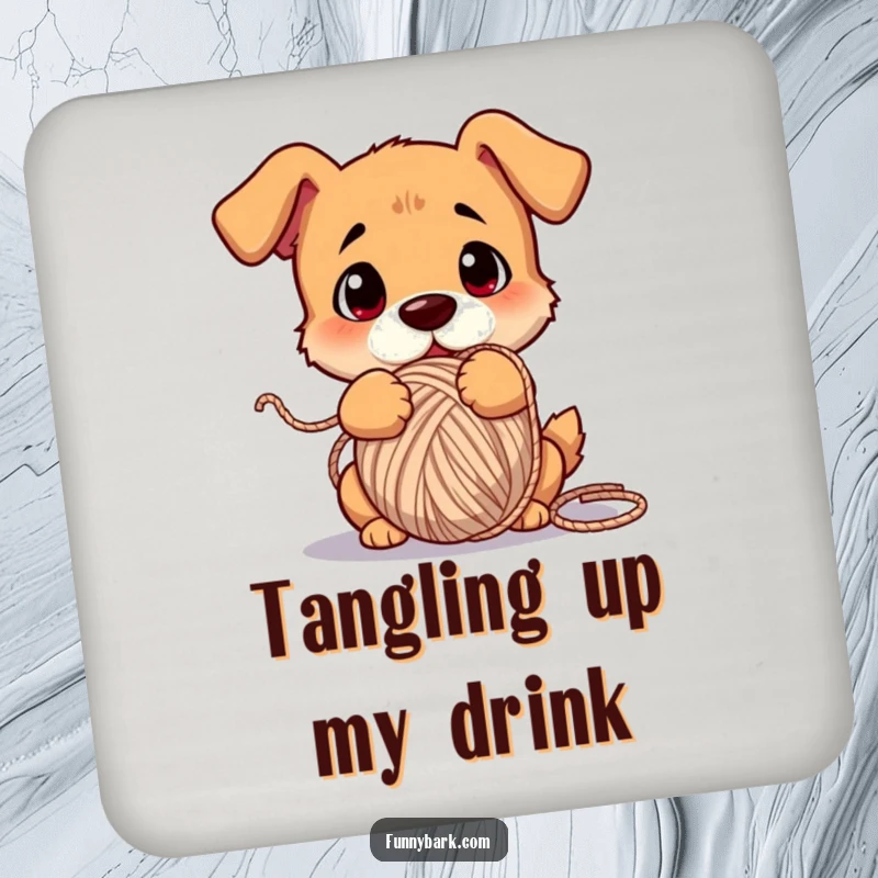 Funny dog coaster, comically tangled in a ball of yarn, confused expression, protects furniture, cute art.