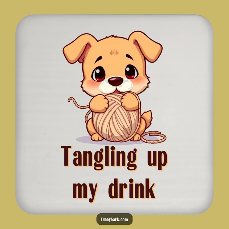 Funny Dog Yarn Drink Coaster - Confused Pup Art Tangled Pet Gift