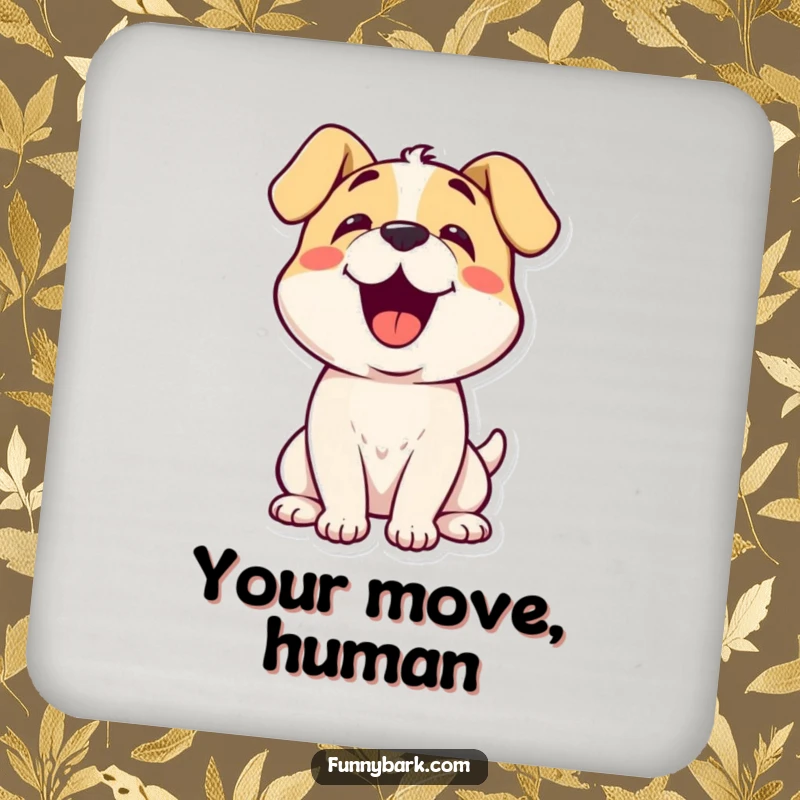 Funny dog's face with a sweet head tilt, looking curiously, on a protective drink coaster.