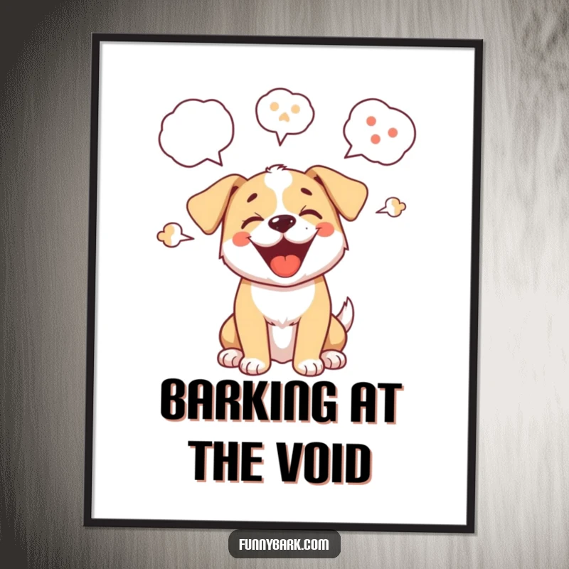 Funny poster art of a cartoon puppy with exaggerated speech bubbles erupting from its mouth, depicting its loud barks, whimsical decor.