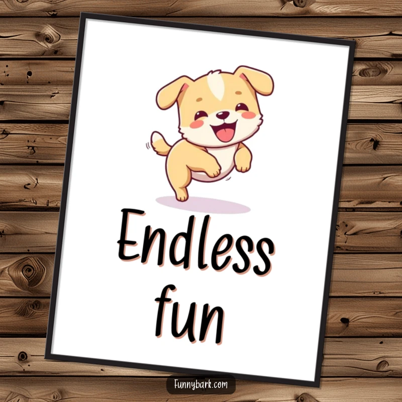 Funny dog poster featuring a small, happy dog character spinning in circles while chasing its tail with glee.