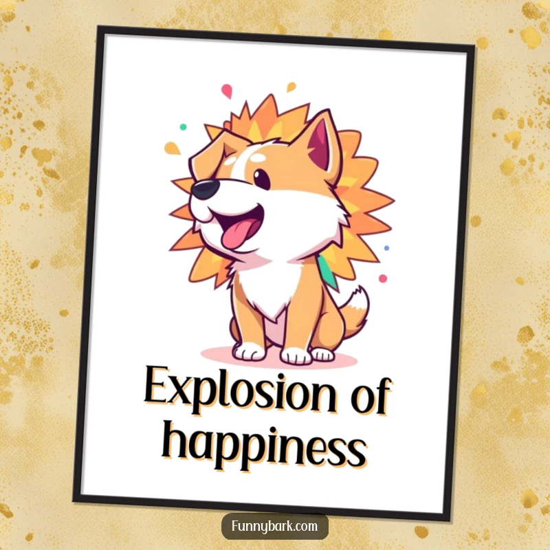 Funny poster showcasing a dog character whose bark is rendered as a dynamic, colorful explosion of pure, vibrant energy.