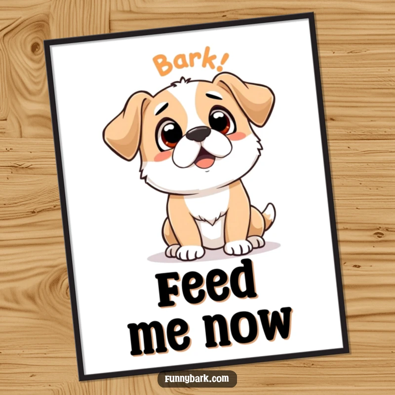 Funny poster art of a dog character looking up expectantly with 'Bark Bark' text, bringing whimsical humor to any wall.
