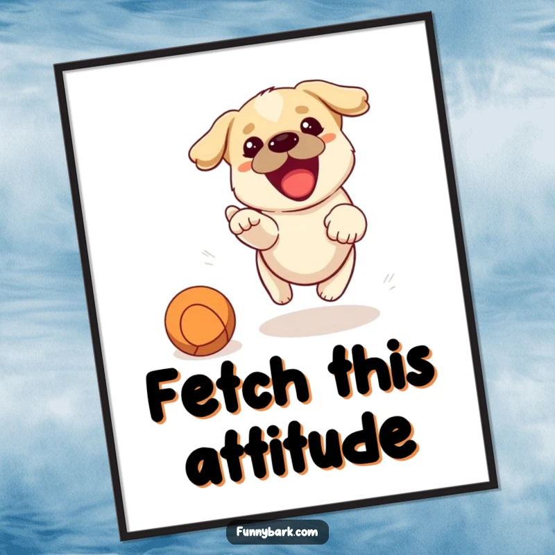 Funny poster art of a small, ecstatic dog barking with pure joy while intensely pursuing a thrown ball.