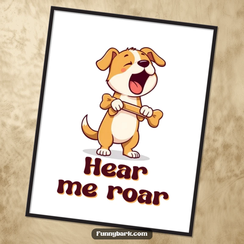 Funny poster art of a dog standing on hind legs, holding a bone, and barking; a humorous and lively illustration.