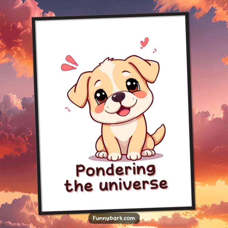 Funny curious dog poster with head tilted, emitting playful sound waves, capturing a moment of deep thought.