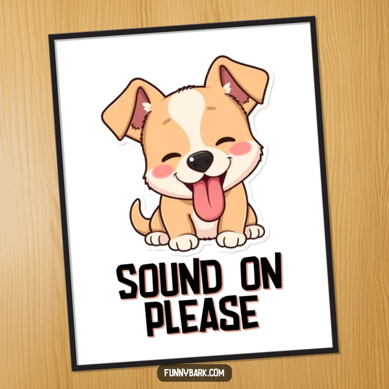 Funny dog barking poster art, capturing a dog's joyful, open-mouthed bark with perked ears and a lolling tongue.