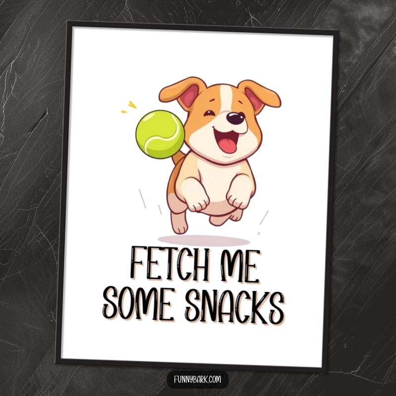 Funny dog poster art of a dog mid-bark, excitedly chasing a tennis ball, bringing playful energy.