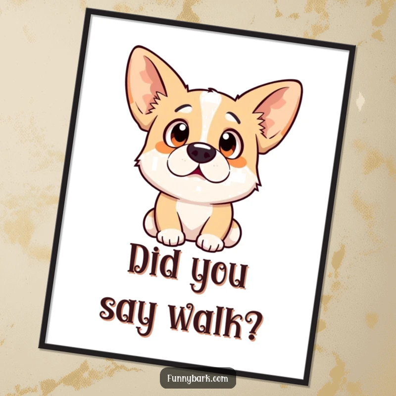 Funny dog poster showcasing a surprised expression with ears perked high, perfect for adding comical pet charm to any room.