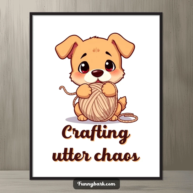 Funny dog poster, comically tangled in a huge ball of yarn, looking confused, whimsical and humorous art.
