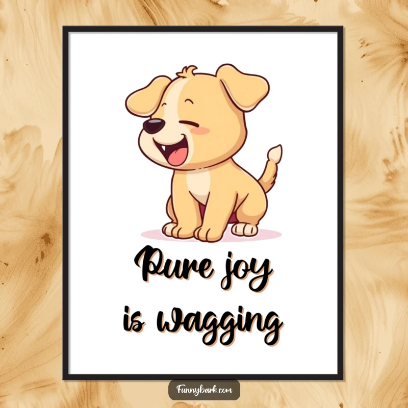 Funny poster art of a cartoon puppy with its tail wagging furiously, barking excitedly, radiating infectious joy and energy.