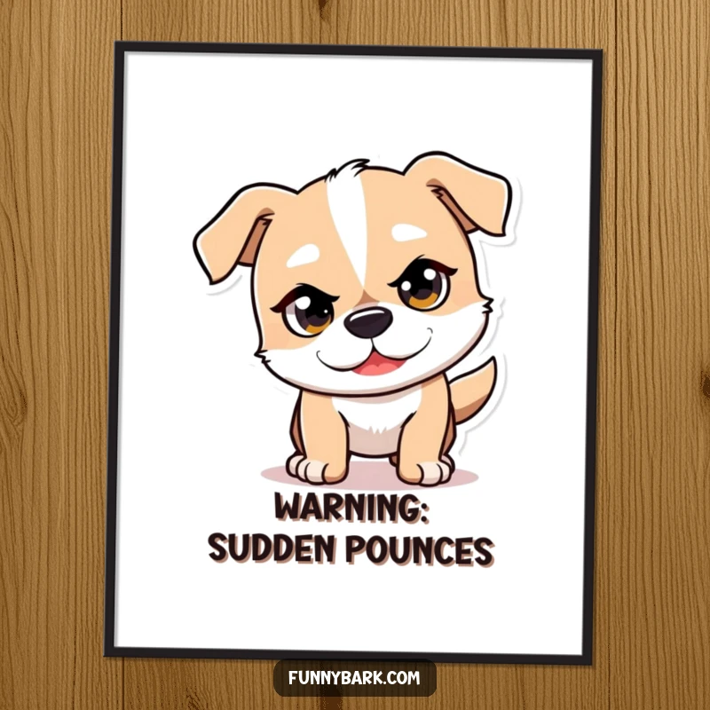 Funny Mischief Dog Art Poster of a dog character with a mischievous glint, playfully pouncing forward with energy.