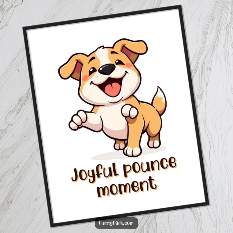 Funny poster art of a dog character in a playful pounce, mid-happy bark, celebrating energetic fun and canine excitement.