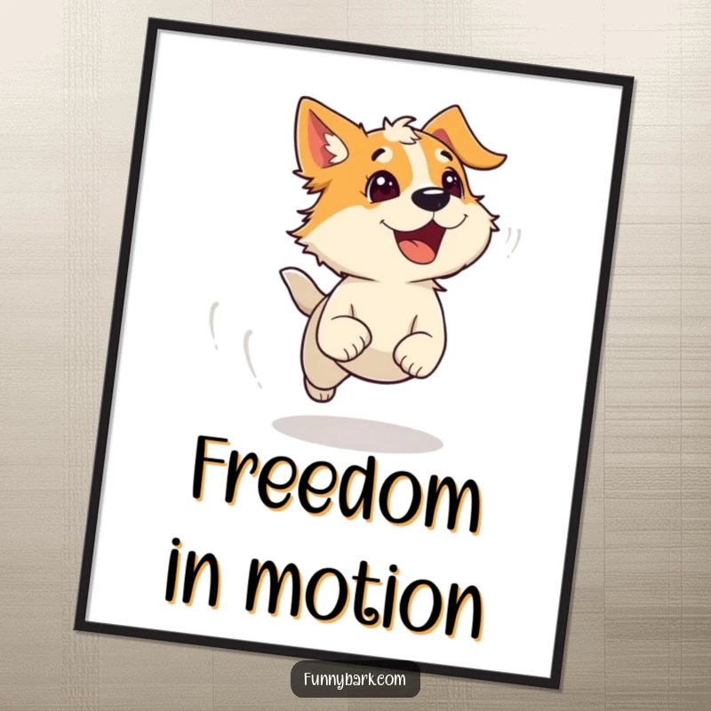 Funny poster art of a dog running with wind-ruffled fur, mid-bark, capturing the thrill of speed and outdoor adventures.