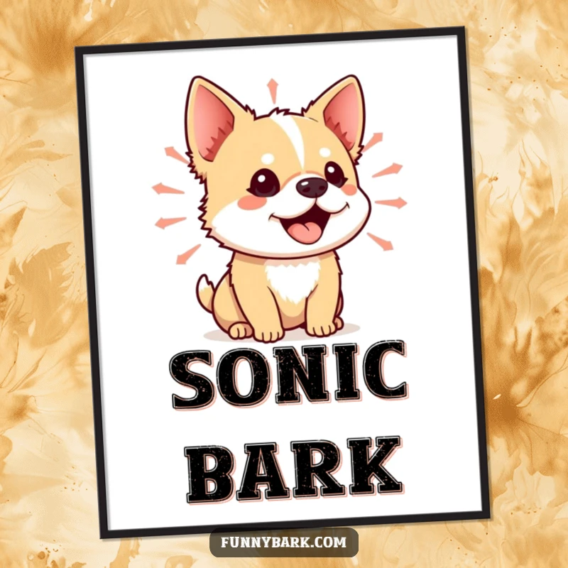Funny poster art of a small dog with its mouth open, with vibrant sound waves emanating around it, representing its vocalizations.
