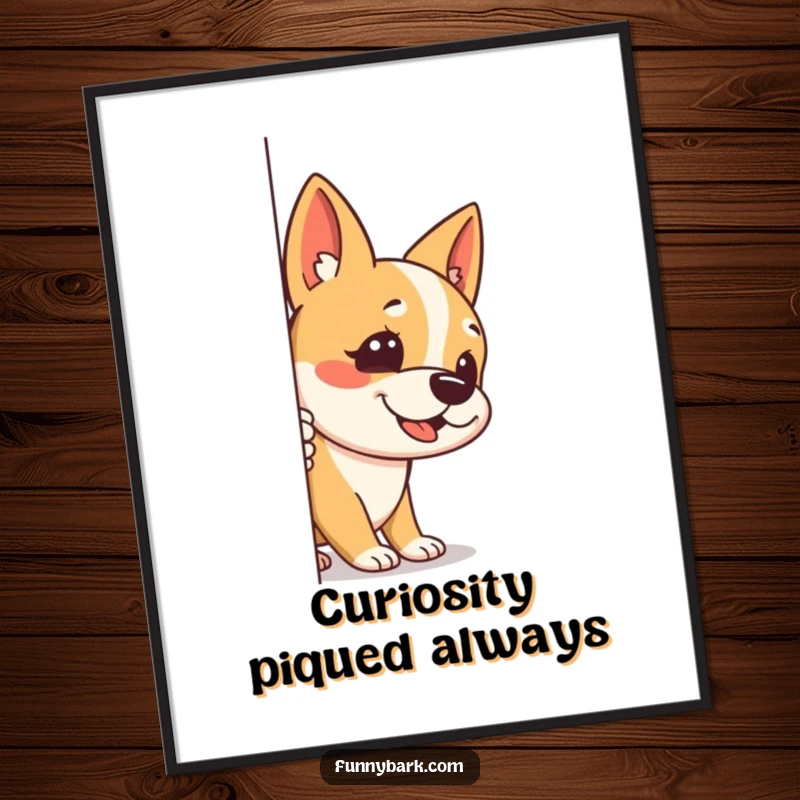 Funny poster art of a dog peeking around a corner, one ear up, mid-stealthy bark, capturing playful curiosity.