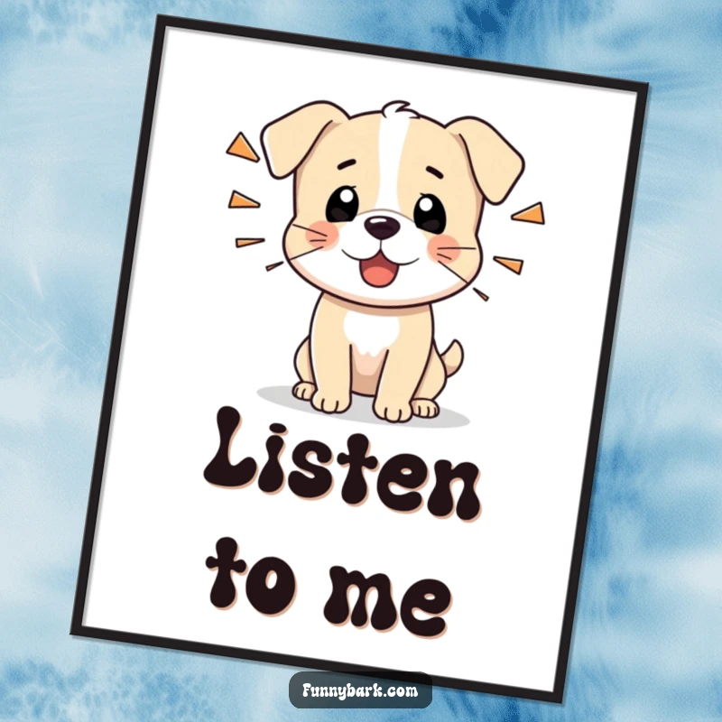 Funny poster of a tiny dog character letting out short, sharp barks, capturing humorous alertness and a small dog’s personality.